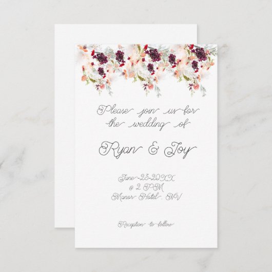 Simplistic roze/perzik bloemige bruiloft uitnodigi kaart (Voorkant / Achterkant)