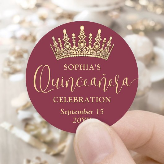 Simply Elegant Quinceañera Crown Burgundy and Gold Ronde Sticker