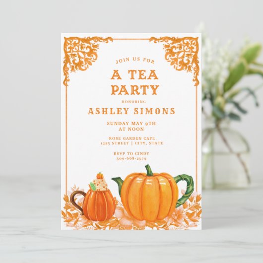 Sinaas en Witte Herfst Pompoen Thee Feest Uitnodig Kaart (Staand voorkant)