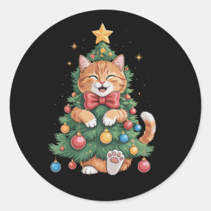 Sinaas Oranje Kat Kerstboom Cute Kerstmis Ronde Sticker