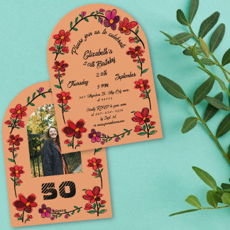 Sinaasappel 50ste verjaardagsfeestje Whimsical Doo Kaart