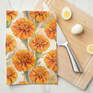 Sinaasappel afrikaantje bloemenpatroon theedoek