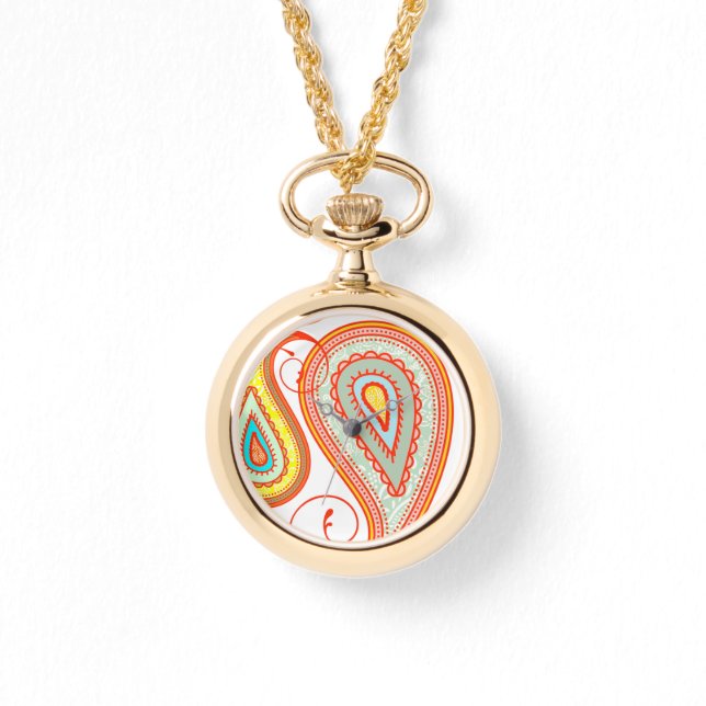 Sinaasappel Aqua Yellow Paisley Modern Pattern Wat Horloge (Voorkant)