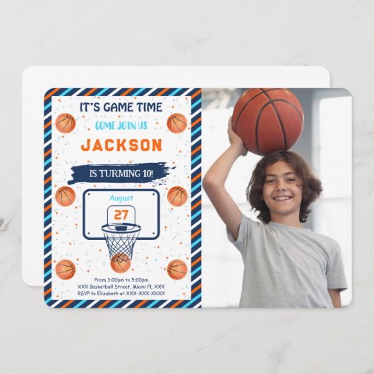 Sinaasappel Basketbal Verjaardagsfoto Uitnodiging (Voorkant / Achterkant)