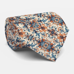 Sinaasappel, Blauw & Crème Bloempatroon Stropdas