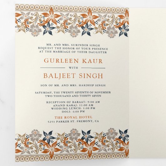 Sinaasappel Bloemen Alles in een Anand Karaj Sikh  Drieluik Uitnodiging (Binnenzijde eerst)
