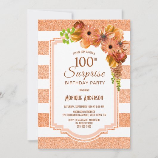 Sinaasappel Bloemgestreepte Verrassing 100ste Verj Kaart (Voorkant)