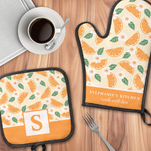 Sinaasappel Bloemig Cute Zomer Persoonlijke Initia Ovenwant & Pannenlap Set