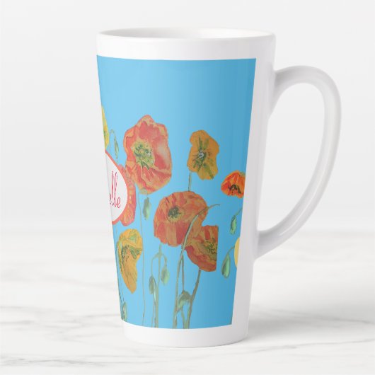 Sinaasappel Blue Shabby Poppy Poppies Waterverf Mo Latte Mok (Rechts)