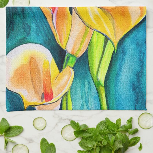 Sinaasappel Calla lelie bloem waterverf kunst Theedoek (Gevouwen)