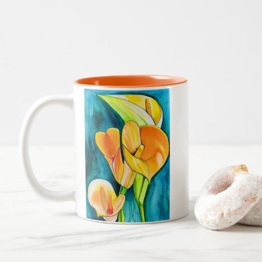 Sinaasappel Calla lelie bloem waterverf kunst Tweekleurige Koffiemok (Met donut)