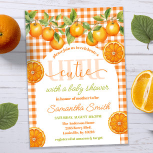 Sinaasappel Citrus Gingham Little Cutie Baby Showe Kaart