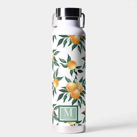 Sinaasappel citrus waterverf monogram naam waterfles (Voorkant)