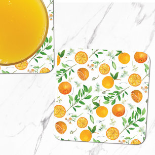 Sinaasappel citrus zomer bloem botanisch patroon vierkante kartonnen onderzetter