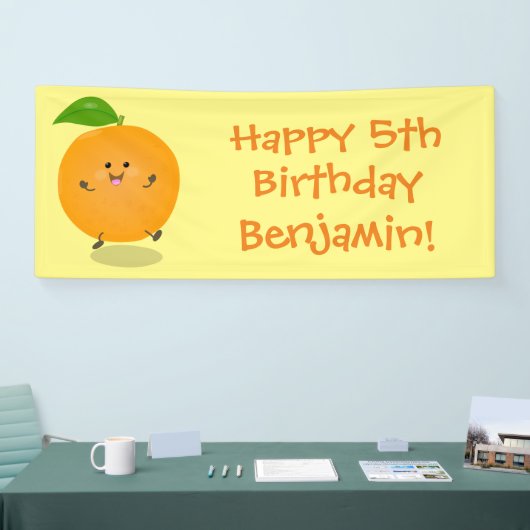 Sinaasappel citrusvruchten die met klauterdansen spandoek (Beurs)