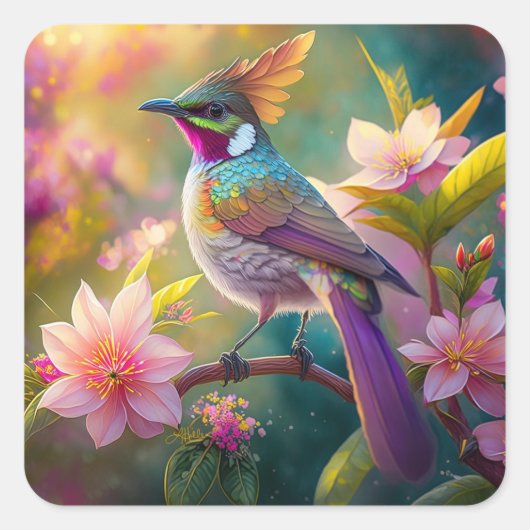 Sinaasappel Crested Rainbow Jay Fantasy Bird Vierkante Sticker (Voorkant)