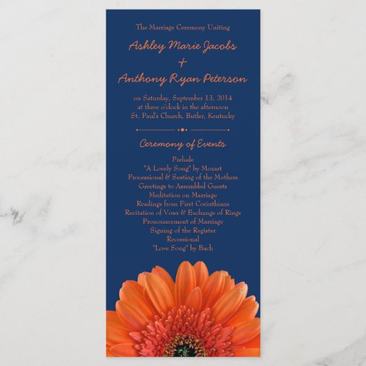 Sinaasappel Daisy Flower Navy Blue bruiloft progra Programma (Voorkant)