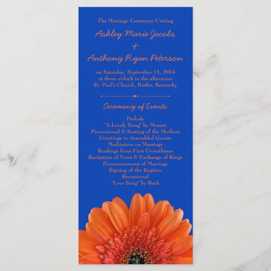 Sinaasappel Daisy Flower Royal Blue bruiloft progr Programma (Voorkant)