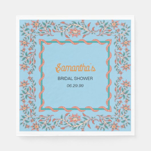 Sinaasappel en Aqua Blue Floral Vrijgezellenfeest Servet (Voorkant)