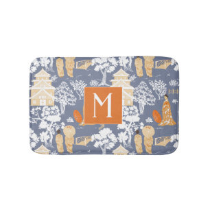 Sinaasappel en Blauw Chinoiserie Pagodas Monogram Badmat