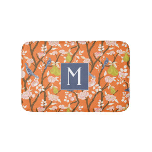 Sinaasappel en Blauw Chinoiserie Vogels Monogram Badmat