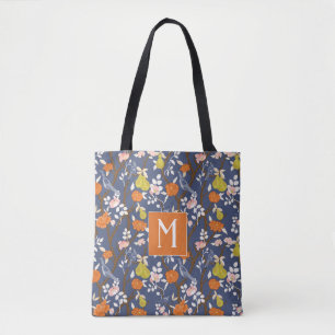 Sinaasappel en Blauw Chinoiserie Vogels Monogram Draagtas