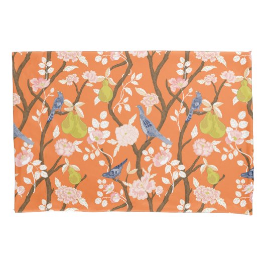 Sinaasappel en Blauw Chinoiserie Vogels Monogram Kussensloop (Voorkant)