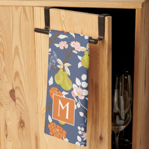 Sinaasappel en Blauw Chinoiserie Vogels Monogram Theedoek