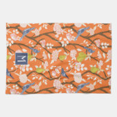 Sinaasappel en Blauw Chinoiserie Vogels Monogram Theedoek (Horizontaal)