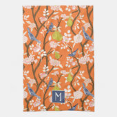 Sinaasappel en Blauw Chinoiserie Vogels Monogram Theedoek (Verticaal)