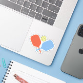 Sinaasappel en Blauw Pickleball Paddle Sticker (Laptop met iPhone)