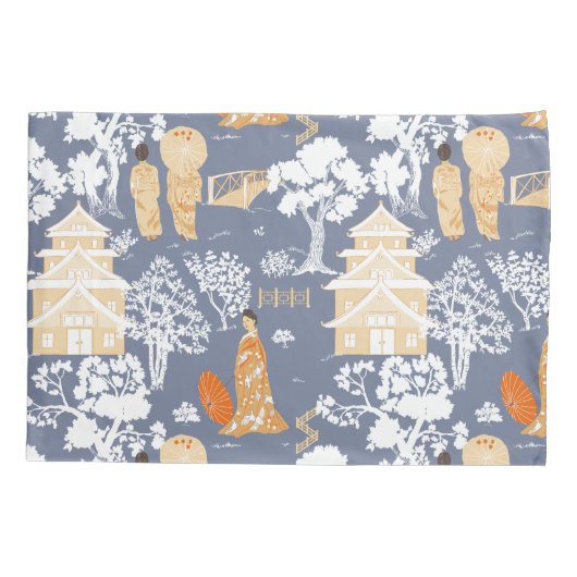 Sinaasappel en Blauwe Chinoiserie Pagodas Kussensloop (Achterkant)