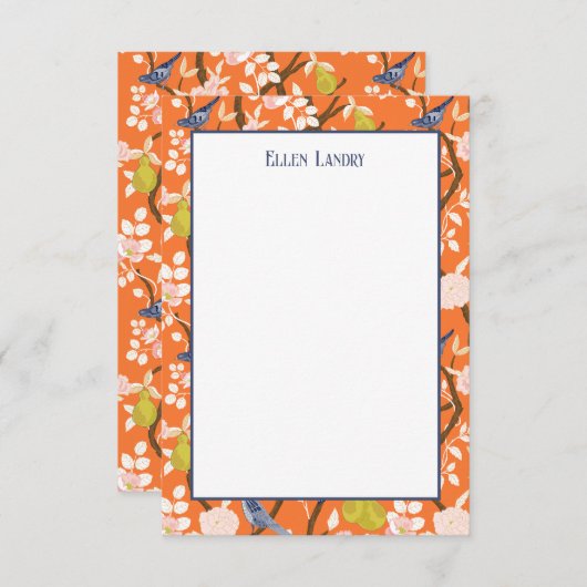 Sinaasappel en Blauwe Chinoiserie Vogels Bedankkaart (Voorkant / Achterkant)