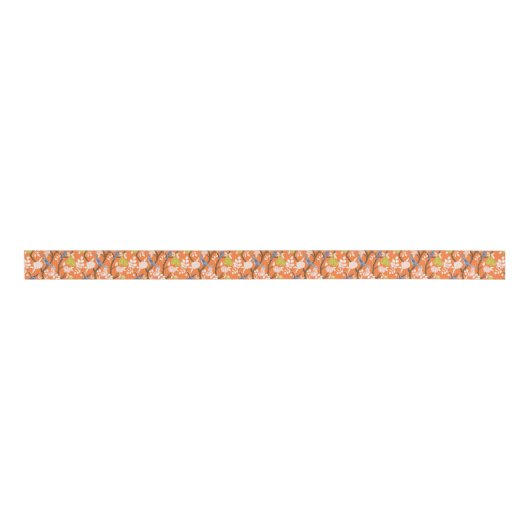 Sinaasappel en Blauwe Chinoiserie Vogels Grosgrain Lint (Voorkant)