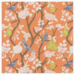 Sinaasappel en Blauwe Chinoiserie Vogels Stof