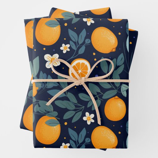 Sinaasappel en Bloemen Delight Pattern Inpakpapier Vel (In situ)