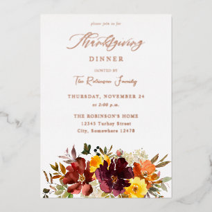 Sinaasappel en gele goudHerfst Floral Thanksgiving Folie Uitnodiging