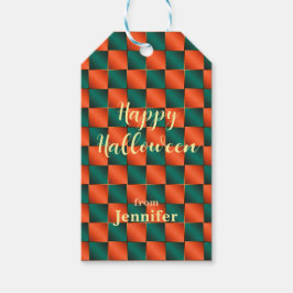 Sinaasappel en groen glanzend schaakbord cadeaulabel