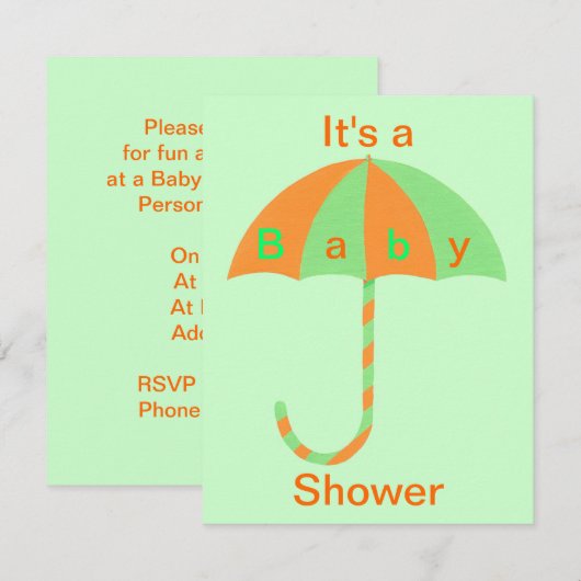 Sinaasappel en Groene Paraplu Baby Douche Uitnodig Kaart (Voorkant / Achterkant)