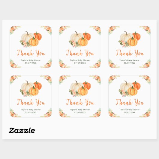 Sinaasappel en Groene Pompoenen Baby shower Dank u Vierkante Sticker (Vel)
