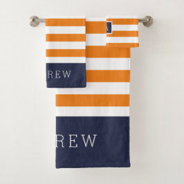Sinaasappel en Navy Stripes Monogram Bad Handdoek
