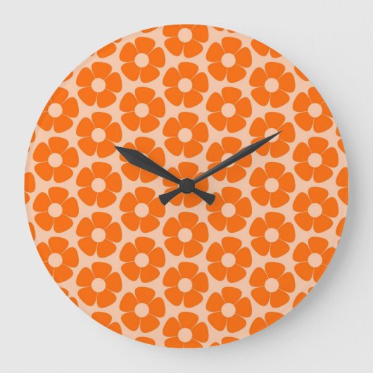 Sinaasappel en Peach Retro 60s Floral Pattern Grote Klok (Voorkant)