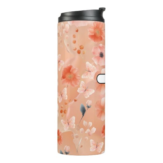 Sinaasappel en perzikkleurige bloemen en vlinders thermosbeker (Gedraaid links)