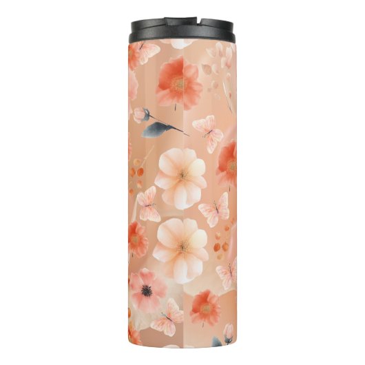 Sinaasappel en perzikkleurige bloemen en vlinders thermosbeker (Achterkant)
