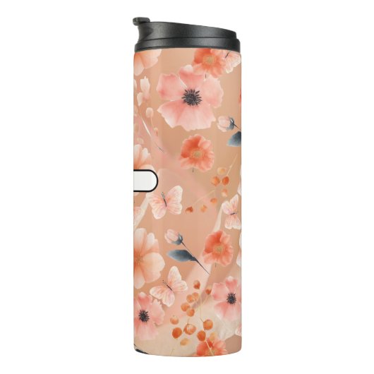 Sinaasappel en perzikkleurige bloemen en vlinders thermosbeker (Geroteerd rechts)