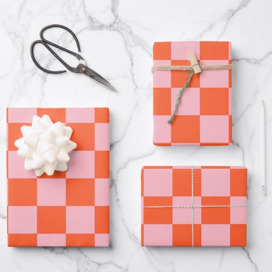 Sinaasappel en Roze Checkerboard Patroon Inpakpapier Vel (Voorkant)