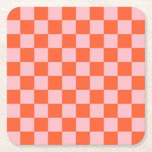 Sinaasappel en Roze Checkerboard Patroon Vierkante Kartonnen Onderzetter