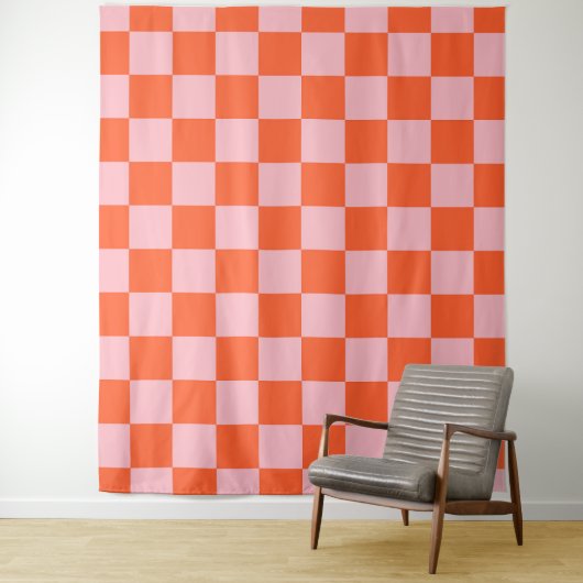 Sinaasappel en Roze Checkerboard Patroon Wandkleed (In situ)