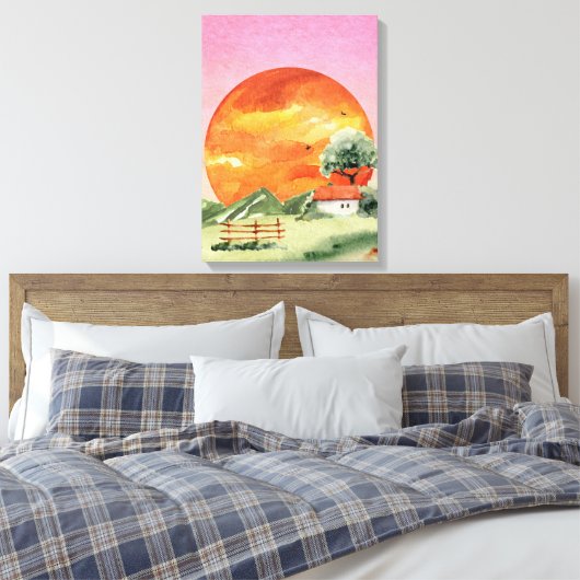 Sinaasappel en Roze Esthetisch Zonsondergang Uitzi Canvas Afdruk (Insitu (Slaapkamer))