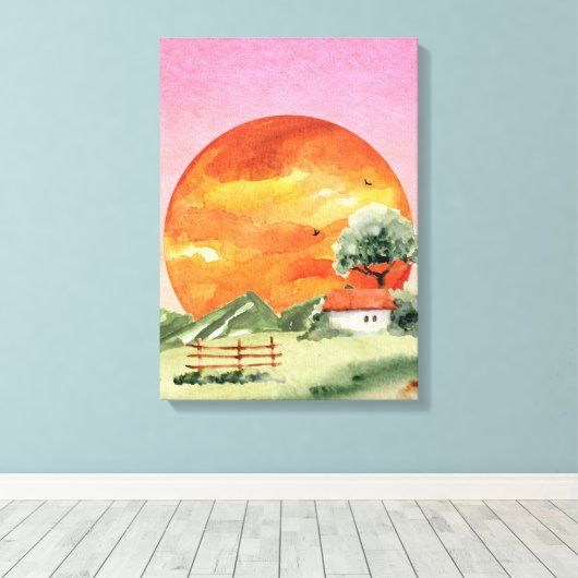 Sinaasappel en Roze Esthetisch Zonsondergang Uitzi Canvas Afdruk (Insitu (Houten vloer))